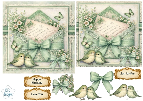 Pastel Green Vintage Envelope & Floral Card Topper with Lovebirds, Bow and Sentiments