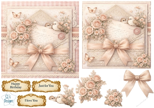 Pastel Pink Vintage Envelope & Roses Card Topper with Lovebirds, Bow and Sentiments
