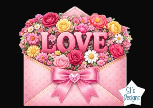 Pink Floral LOVE Envelope Card Topper with Roses, Bow and Romantic Sentiment