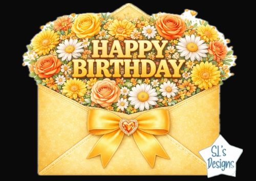 Golden Floral Birthday Envelope Card Topper with Roses, Bow and Jewel Accent