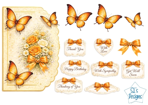 Orange Roses & Butterflies Card Front – Golden Bows, Floral Bouquet & Sentiment Tags