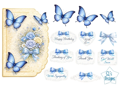 Blue Roses & Butterflies Card Front – Golden Frame, Blue Bows, Floral Bouquet & Sentiment Tags