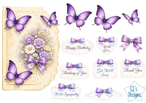 Purple Roses & Butterflies Card Front – Satin Bow, Floral Bouquet, Elegant Frame & Sentiment Tags