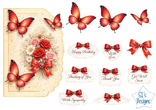 Red Roses & Butterflies Card Front – Golden Accents, Red Bows, Floral Bouquet & Sentiment Tags