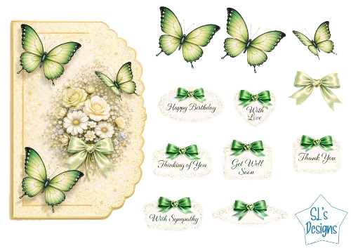 Cream Roses & Green Butterflies Card Front – Satin Bow, Floral Bouquet, Elegant Frame & Sentiment Tags