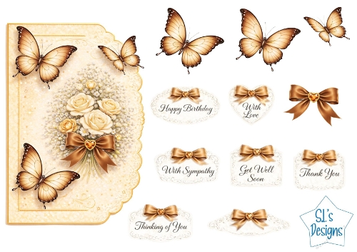 Ivory Roses & Golden Butterflies Card Front – Satin Bow, Floral Bouquet, Elegant Frame & Sentiment Tags