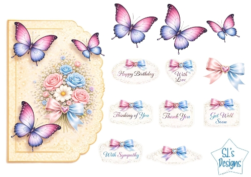 Pastel Roses & Butterflies Card Front – Pink‑Blue Bow, Floral Bouquet, Elegant Frame & Sentiment Tags
