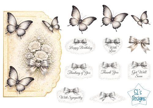 White Roses & Silver Butterflies Card Front – Silver Bow, Floral Bouquet, Elegant Frame & Sentiment Tags