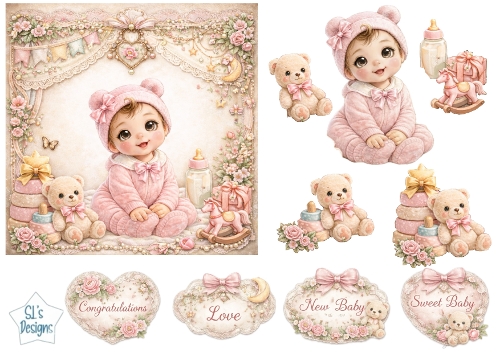 Pastel Vintage Baby Girl Topper Set – Lace, Teddy Bears & Floral Accents