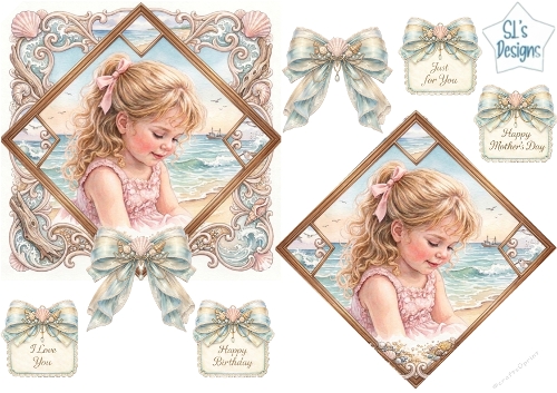 Vintage Seaside Girl Topper Set – Pastel Ocean Scene, Shells & Sentiment Tags 1