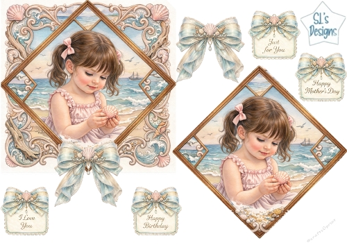 Pastel Seaside Girl Topper Set – Pink Coastal Frame, Shells & Sentiment Tags 3