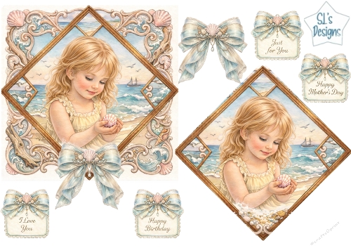 Pastel Seaside girl Topper Set – Coastal Shell Frame, Blue Bows & Sentiment Tags 5