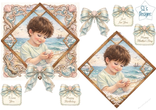 Pastel Seaside Child Topper Set – Coastal Shell Frame, Blue Bows & Sentiment Tags 4