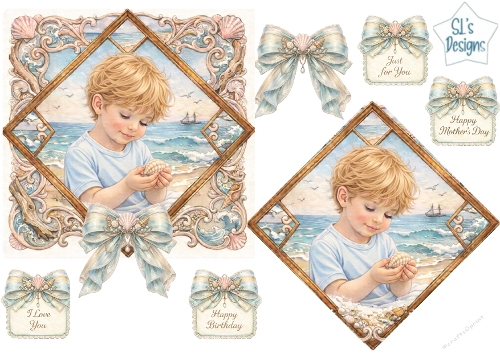 Pastel Seaside Child Topper Set – Coastal Shell Frame, Blue Bows & Sentiment Tags 5