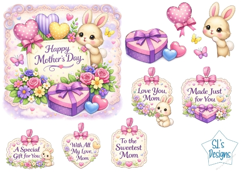 Cute Bunny Mothers Day Card Front – Pastel Flowers, Hearts, Butterflies & Sentiment Tags