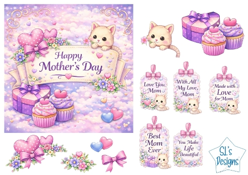 Cute Kitten Mothers Day Card Front – Pastel Flowers, Hearts, Cupcakes & Sentiment Tags