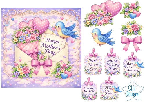 Floral Envelope Mothers Day Card Front – Pastel Flowers, Hearts, Bluebird & Sentiment Tags
