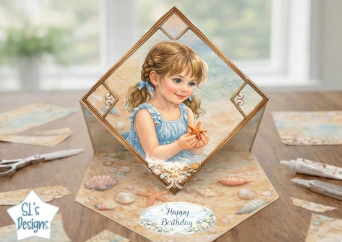 Vintage Seaside Birthday Card Topper – Coastal Girl, Starfish & Pastel Shell Frame 2