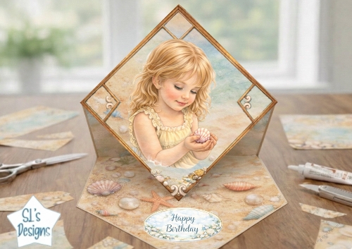 Vintage Seaside Birthday Card Topper – Pastel Coastal Child & Shell Frame 4