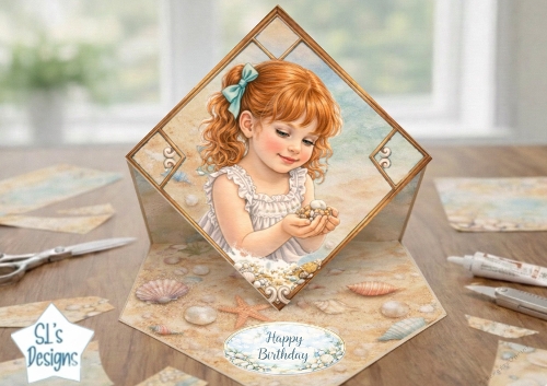 Vintage Seaside Birthday Card Topper – Coastal Child, Shells & Pastel Frame 6