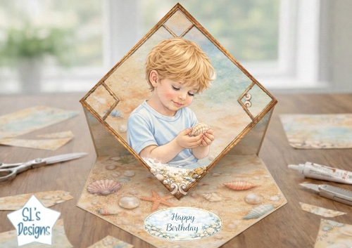 Vintage Seaside Birthday Card Topper – Coastal Child, Starfish & Pastel Shell Frame 8