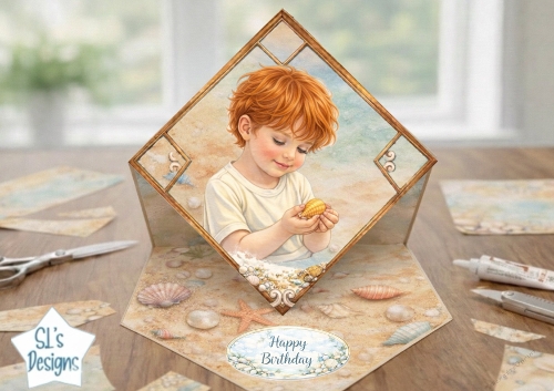 Vintage Seaside Birthday Card Topper – Coastal Child, Seashell & Pastel Frame 10