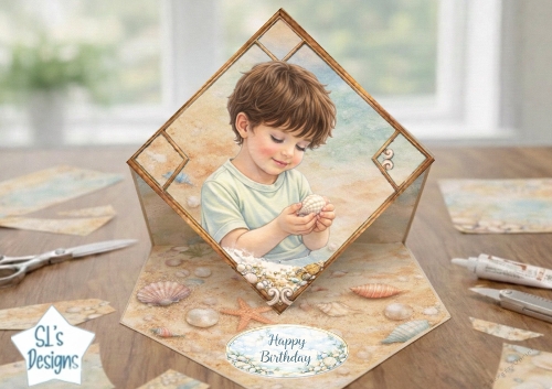 Vintage Seaside Birthday Card Topper – Coastal Child, Seashell & Pastel Frame 11