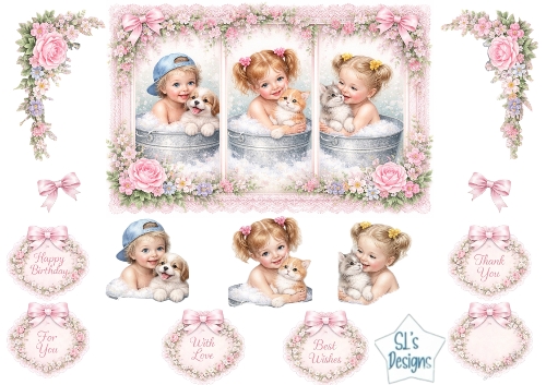 Pastel Vintage Baby Bath Toppers with Puppies & Kittens – Floral Lace Card Front & Sentiments 1