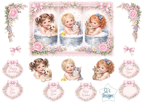 Pastel Vintage Children & Pets Bath Toppers – Floral Lace Card Front with Sentiments 2