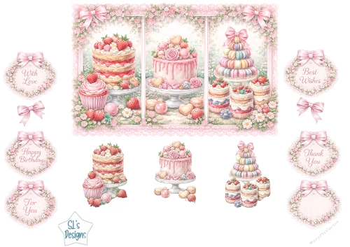 Pastel Vintage Cakes & Sweets Toppers – Floral Lace Card Front with Sentiments
