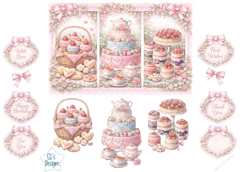 Pastel Vintage Tea Party Cakes & Cupcakes Toppers – Floral Lace Card Front with Sentiments