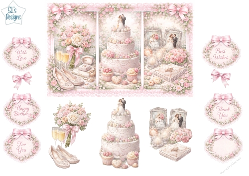 Pastel Vintage Wedding Cake & Romance Toppers – Floral Lace Card Front with Sentiments