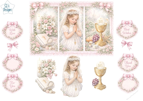 Pastel First Holy Communion Girl Topper – Floral Lace Religious Card Front with Sentiments