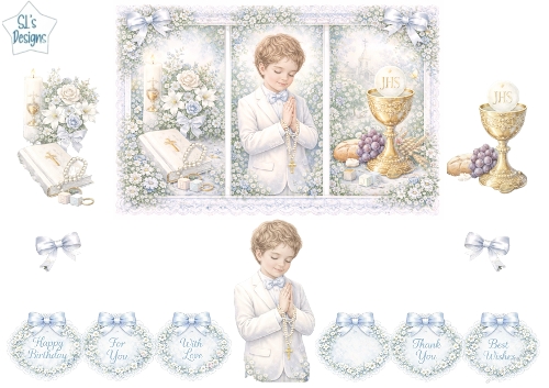 Pastel First Holy Communion Boy Topper – Blue Floral Lace Religious Card Front with Sentiments