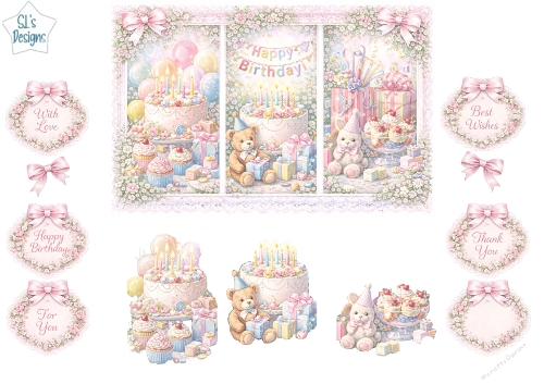 Pastel Birthday Party Cakes & Gifts Toppers – Floral Lace Card Front with Sentiments 1
