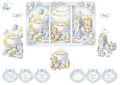 Pastel Birthday Party Bear & Bunny Toppers – Blue Lace Cakes & Gifts Card Front with Sentiments 2