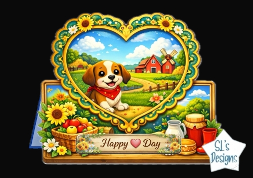Cute Farm Puppy Heart Frame Topper – Sunflowers, Barn Scene & Rustic Country Card Front