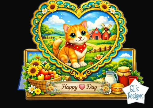 Cute Farm Cat Heart Frame Topper – Sunflowers, Barn Scene & Rustic Country Card Front