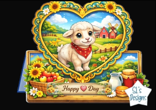 Cute Farm Lamb Heart Frame Topper – Sunflowers, Barn Scene & Rustic Country Card Front