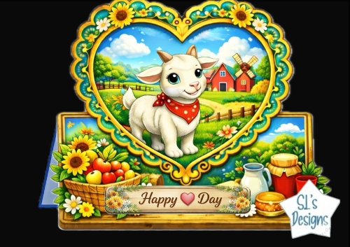 Cute Farm Baby Goat Heart Frame Topper – Sunflowers, Barn Scene & Rustic Country Card Fron