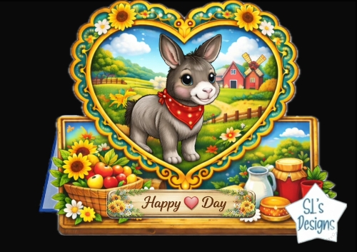 Cute Farm Donkey Heart Frame Topper – Sunflowers, Barn Scene & Rustic Country Card Front