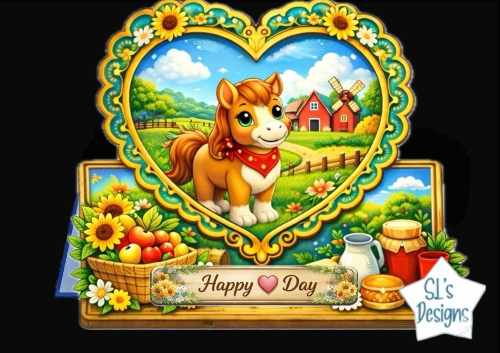 Cute Farm Pony Heart Frame Topper – Sunflowers, Barn Scene & Rustic Country Card Front