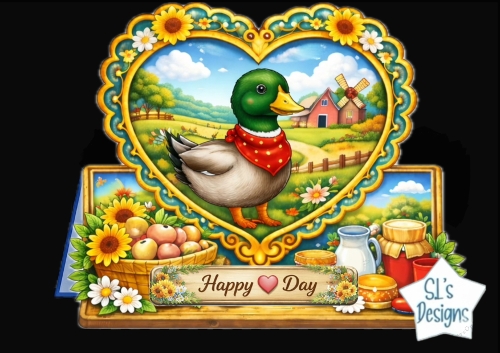 Cute Farm Duck Heart Frame Topper – Sunflowers, Barn Scene & Rustic Country Card Front
