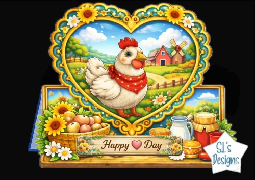Cute Farm Chicken Heart Frame Topper – Sunflowers, Barn Scene & Rustic Country Card Front