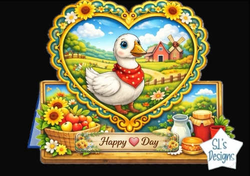 Cute Farm goose Heart Frame Topper – Sunflowers, Barn Scene & Rustic Country Card Front