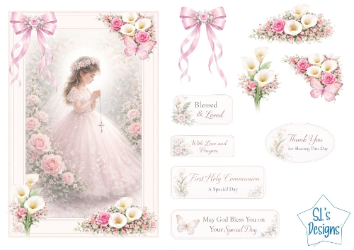 First Holy Communion Card Front – Praying Child, Roses, Lilies, Pink Ribbons & Sentiment Tags