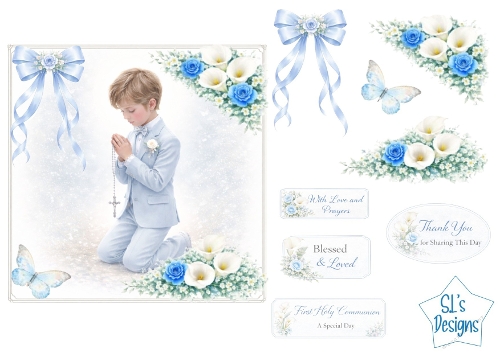First Holy Communion Boy Card Front – Praying Child, Blue Roses, Lilies, Butterflies & Sentiment Tags