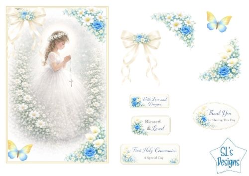 First Holy Communion Card Front – Praying Child, White Daisies, Blue Roses, Pastel Butterflies & Sentiment Tags