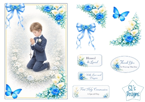 First Holy Communion Boy Card Front – Praying Child, Blue Roses, Lilies, Butterflies & Sentiment Tags