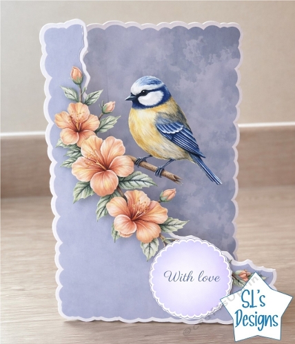 Blue‑Yellow Bird & Orange Flowers Card Front – Floral Branch, Soft Background & With Love Label